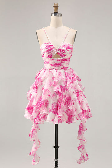 Ruffle Halter White Fuchsia Flower Printed Homecoming Dress with Pearls